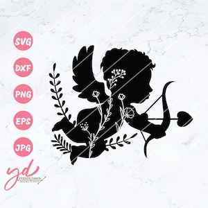 Amor zwart | Blumen Amor svg | Amor Silhouette | Fröhlichen Valentinstag SVG | Valentinstag SVG | Amor Png | Cupid Vektor | Amor Dxf Eps Jpg