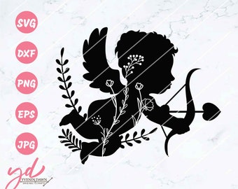 Cupid Svg | Floral Cupid Svg | Cupid Silhouette | Happy Valentine's Day Svg | Valentines Svg | Cupid Png | Cupid Vector | Cupid Dxf Eps Jpg