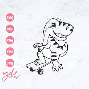 かわいい恐竜スケート SVG PNG | かわいい T-Rex スケート SVG | スケート T-Rex SVG | スケートボードの上のクールな恐竜 SVG | 恐竜 SVG | ティラノサウルス SVG