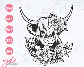 Floral Highland Cow Svg Png | Cute Highland Cow Svg | Cow Svg | Cow Face Svg | Highland Cow with Florals Svg | Cow Template Vector Clipart