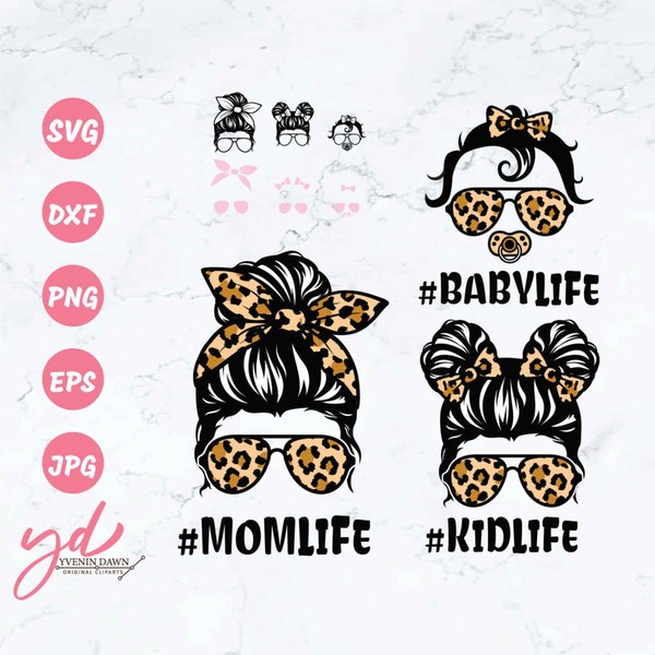 Momlife Svg | Mom Life Kid Life Svg | Babylife svg | #Momlife Svg | #Kidlife Svg | Mom and Daughter svg | Messy bun hair svg | Digital Files