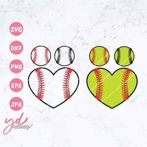 May include: Two softball designs, one white and one green, with red stitching. Each design includes a heart shape with a softball inside and two separate softball images.