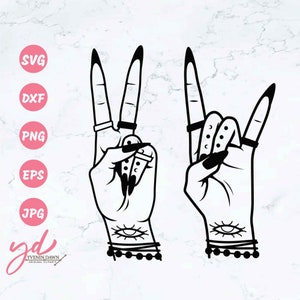 Puede incluir: Dos ilustraciones en blanco y negro de manos haciendo gestos con las manos. La mano izquierda está haciendo el signo de la paz, y la mano derecha está haciendo el signo de rock and roll. Ambas manos tienen uñas largas y puntiagudas, pulseras y un ojo dibujado en la muñeca.