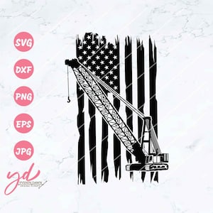 May include: Black and white silhouette of a construction crane in front of a distressed American flag.