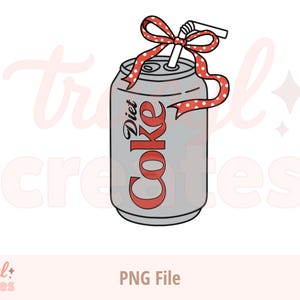 Puede incluir: Ilustración de una lata de Coca-Cola Light con un lazo y una pajita de lunares rojos y blancos. La lata es gris con la palabra "Coke" en rojo y "Diet" en negro. La imagen es un archivo PNG.