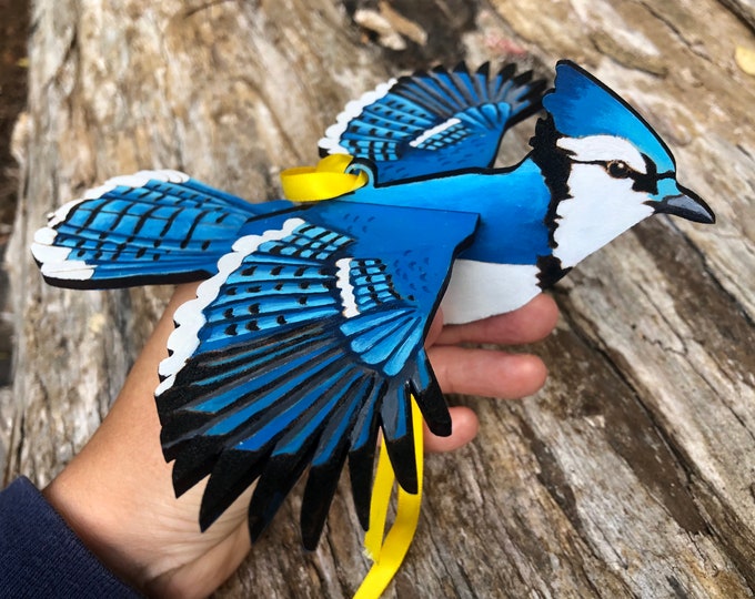 Hand painted wooden blue jay ornament