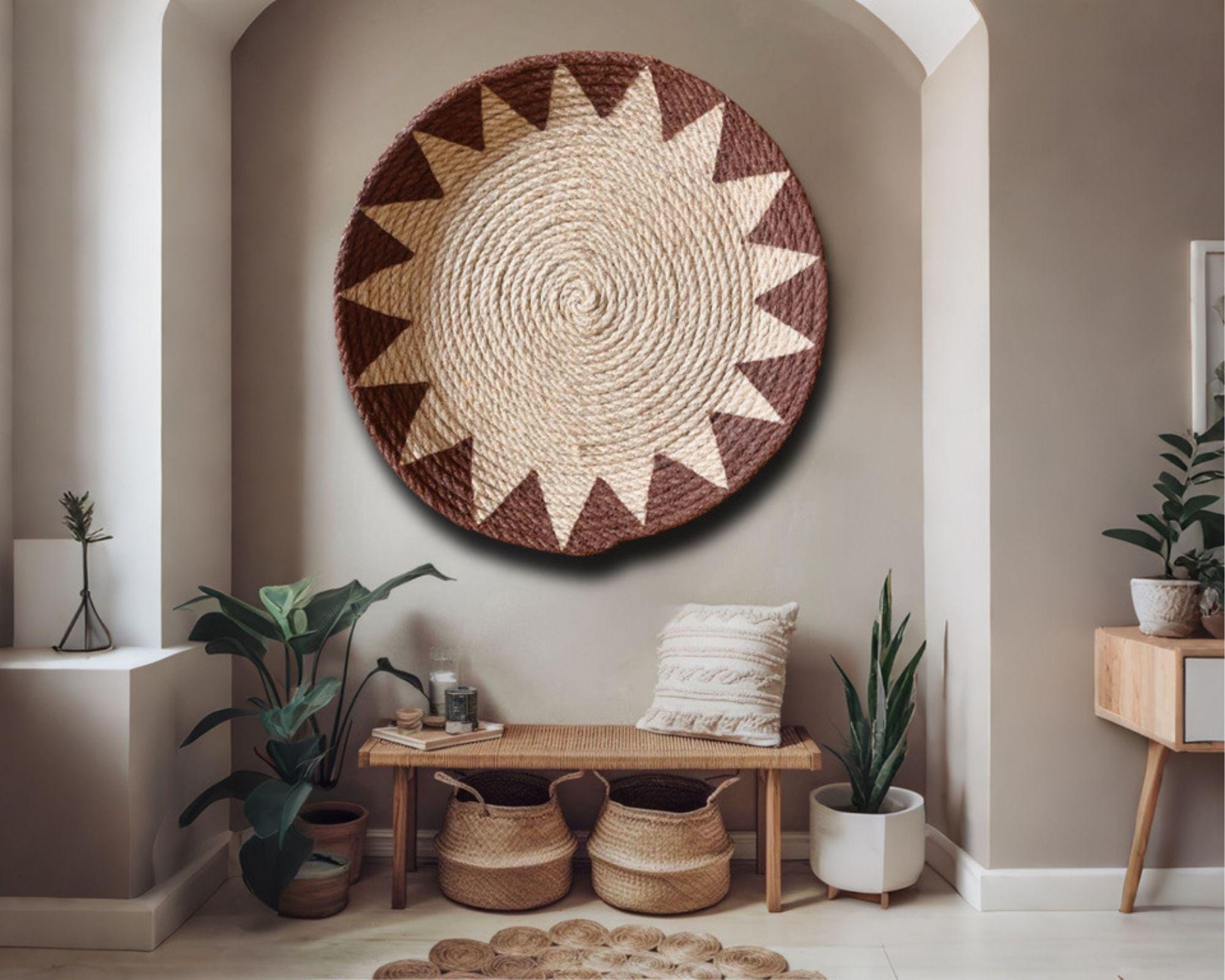 African Woven Wicker Basket Wall Decor: Hand-painted Brown Decorative