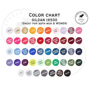 May include: Color chart for Gildan 18500 t-shirts, showing a variety of colors including white, sand, old gold, gold, safety orange, orange, light pink, orchid, heather sport dark maroon, azalea, safety pink, heliconia, paprika, heather sport scarlet, red, cherry red, antique cherry red, cardinal red, garnet, maroon, light blue, carolina blue, heather sport royal, royal, indigo blue, sapphire, antique sapphire, legion blue, heather sport dark navy, navy, violet, purple, plum, safety green, forest green, kiwi, irish green, heather sport dark green, military green, forest, ash, sport gray, graphite heather, charcoal, dark heather, dark choco-late, black.