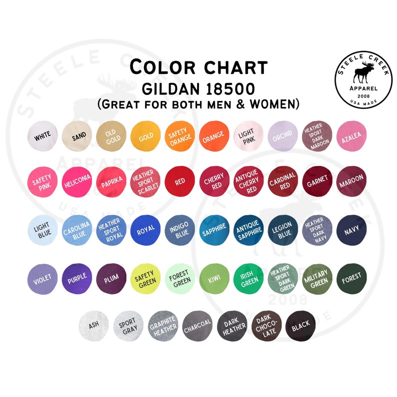 May include: Color chart for Gildan 18500 t-shirts, showing a variety of colors including white, sand, old gold, gold, safety orange, orange, light pink, orchid, heather sport dark maroon, azalea, safety pink, heliconia, paprika, heather sport scarlet, red, cherry red, antique cherry red, cardinal red, garnet, maroon, light blue, carolina blue, heather sport royal, royal, indigo blue, sapphire, antique sapphire, legion blue, heather sport dark navy, navy, violet, purple, plum, safety green, forest green, kiwi, irish green, heather sport dark green, military green, forest, ash, sport gray, graphite heather, charcoal, dark heather, dark choco-late, black.