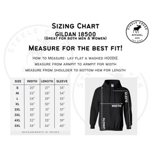 May include: Sizing chart for Gildan 18500 hoodies, showing measurements in inches for width, length, and sleeve length for sizes S through 5XL. The chart includes a diagram of a hoodie with labels for width, length, and sleeve.