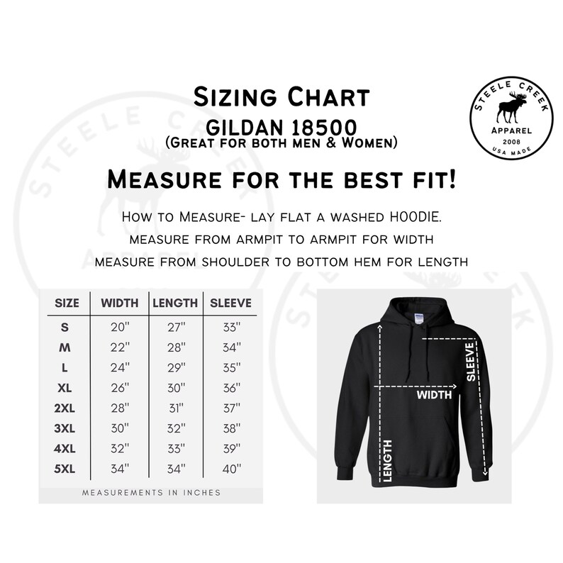 May include: Sizing chart for Gildan 18500 hoodies, showing measurements in inches for width, length, and sleeve length for sizes S through 5XL. The chart includes a diagram of a hoodie with labels for width, length, and sleeve.