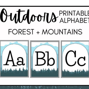 May include: Printable alphabet letters A, B, and C in black text on a white background with a blue sky and forest scene. The text "Outdoors Printable Alphabet Forest + Mountains" is at the top of the image.