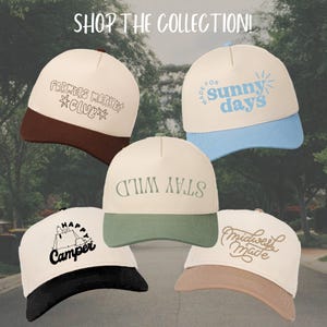 May include: Five different baseball caps with various designs and colors. The caps feature text such as "Farmers Market *Club*" and "Stay Wild".