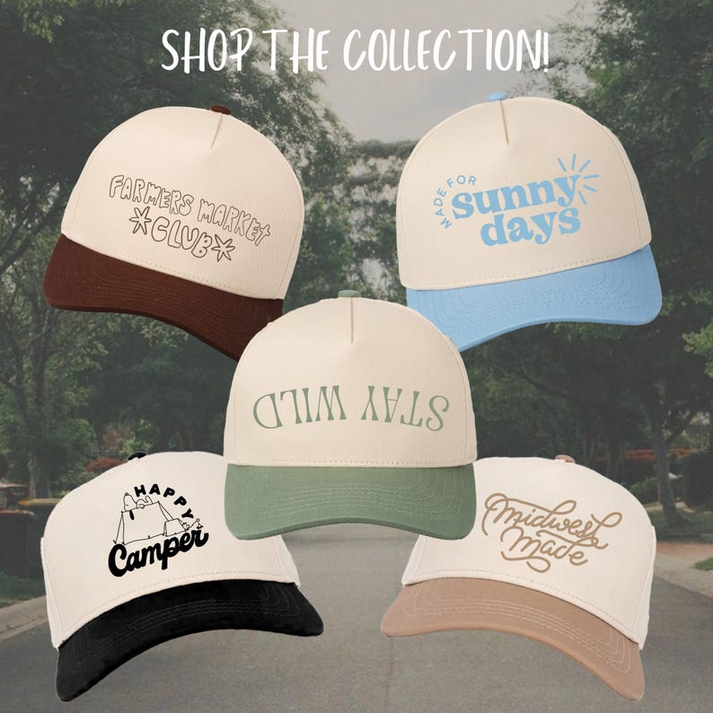 May include: Five different baseball caps with various designs and colors. The caps feature text such as "Farmers Market *Club*" and "Stay Wild".