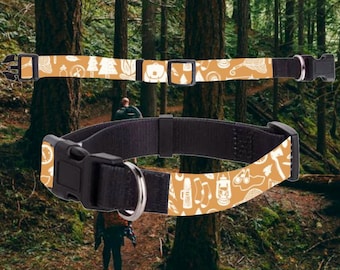 Camping Dog Collar, Mustard Yellow with White Camping Elements