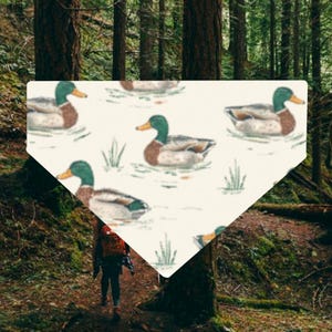 May include: A cream-colored fabric with a pattern of ducks swimming in water, with green and brown details. The fabric is set against a backdrop of a forest with tall trees and a person walking on a trail.