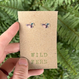 May include: Duck-shaped stud earrings on a brown card with the text "WILD FERN". The earrings feature a duck design with purple, green, and tan colors. The background is a fern.