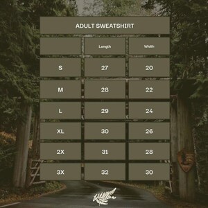 May include: Size chart for an adult sweatshirt, with measurements in inches. The chart includes sizes S, M, L, XL, 2X, and 3X, with corresponding length and width measurements. The Wild Fern logo is at the bottom.