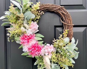 Spring Summer Wreath for Front Door, Lambs Ear Wreath with Pink and White Florals, Summer Wreath, Mother's Day Gift, Farmhouse Wreath