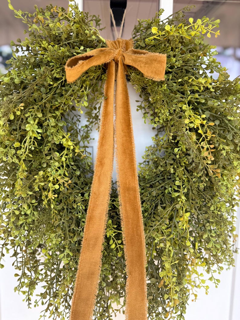 May include: A round, green wreath with small leaves and a brown velvet bow and streamers. The wreath is hanging on a white door. The bow and streamers add a touch of elegance to the natural greenery.