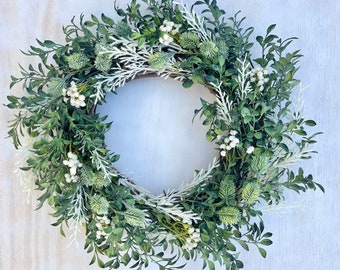 Year Round Wreath for Front Door, Boho Wreath with Greenery, Wheat and Babys Breath, Farmhouse Wreath, Boho Decor, Wall Decor, Nursery Decor