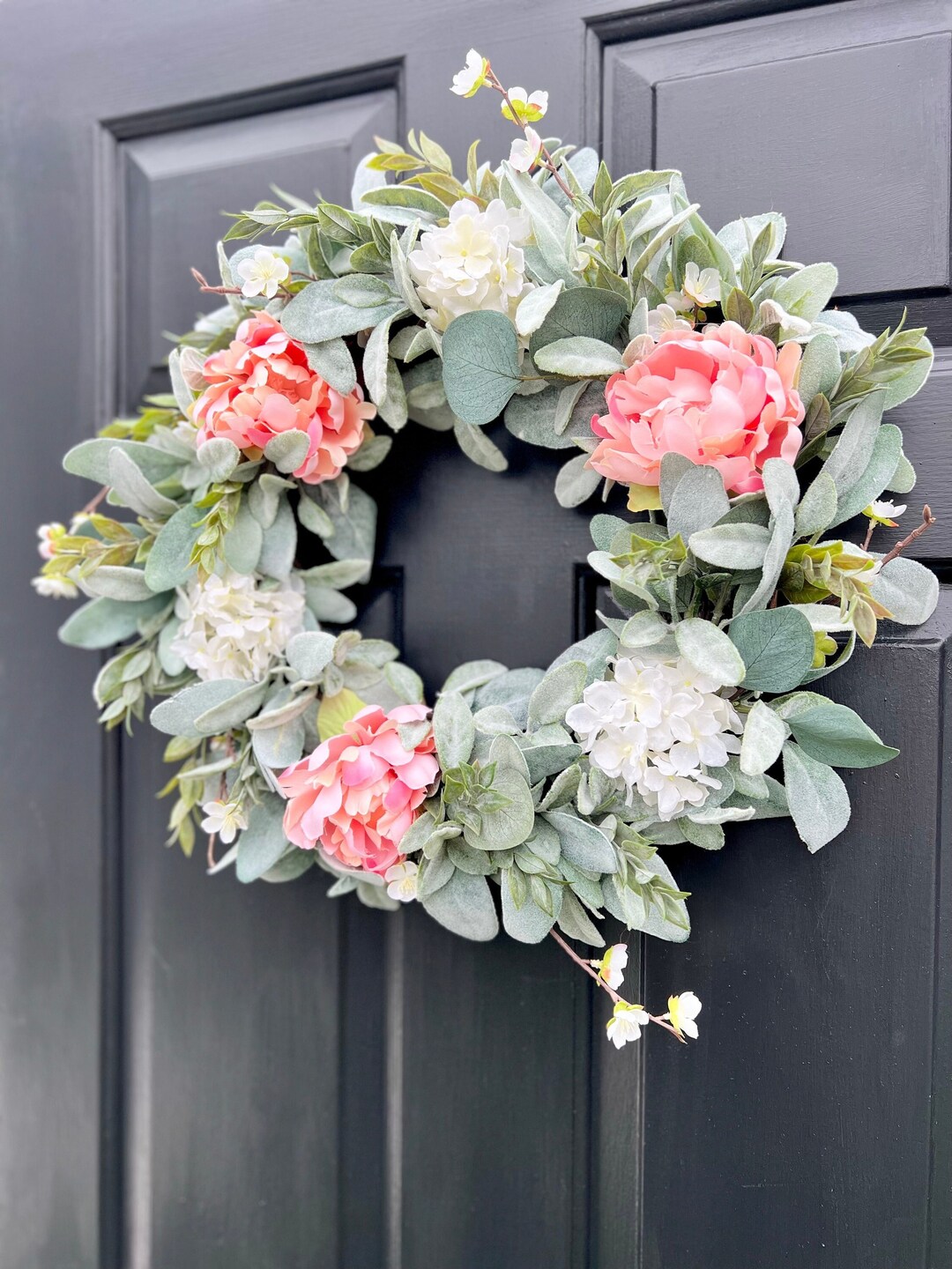 Spring Wreath for Front Door With Lambs Ear, Peonies and Hydrangea ...
