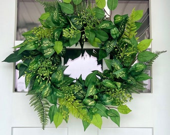 Year-Round Wreath for Front Door, Mixed Greenery Wreath with Ferns, All Seasons Wreath, Modern Farmhouse Decor, Wall Decor, Summer Wreath