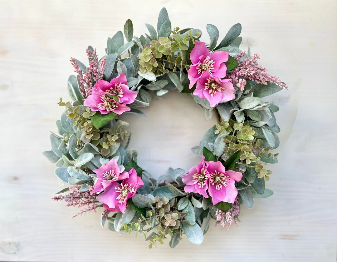 Spring Wreath for Front Door, Lambs Ear Wreath With Pink Flowers ...