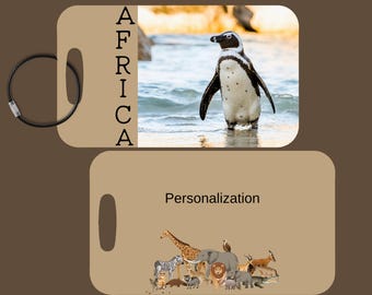 Africa Penguin Luggage Tag Personalized: Custom Travel Backpack Tag, Africa Safari Luggage Tag With Penguin, Personalized Safari Travel Gift