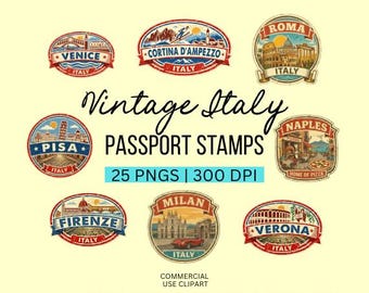 Vintage Italy Passport Stamp Bundle: Vintage Passport PNG Graphics (Digital Download) Retro Passport Stamps | Italy Travel Clipart PNG