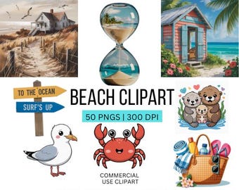 Beach Clipart Bundle: Beach PNGs (Digital Download) Cute Summer Graphics | Seaside Clipart | Beach Scene Clipart | Cute Sea Animal Clipart