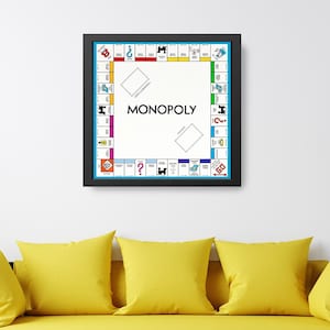 May include: A framed print of a Monopoly board game. The board is blue and white with the word "MONOPOLY" in black letters.