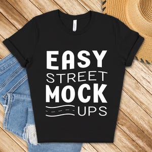 Black Bella Canvas 3001 T-Shirt Mockup: Flat Lay, Natural Wood (Digital Download) BC2NW
