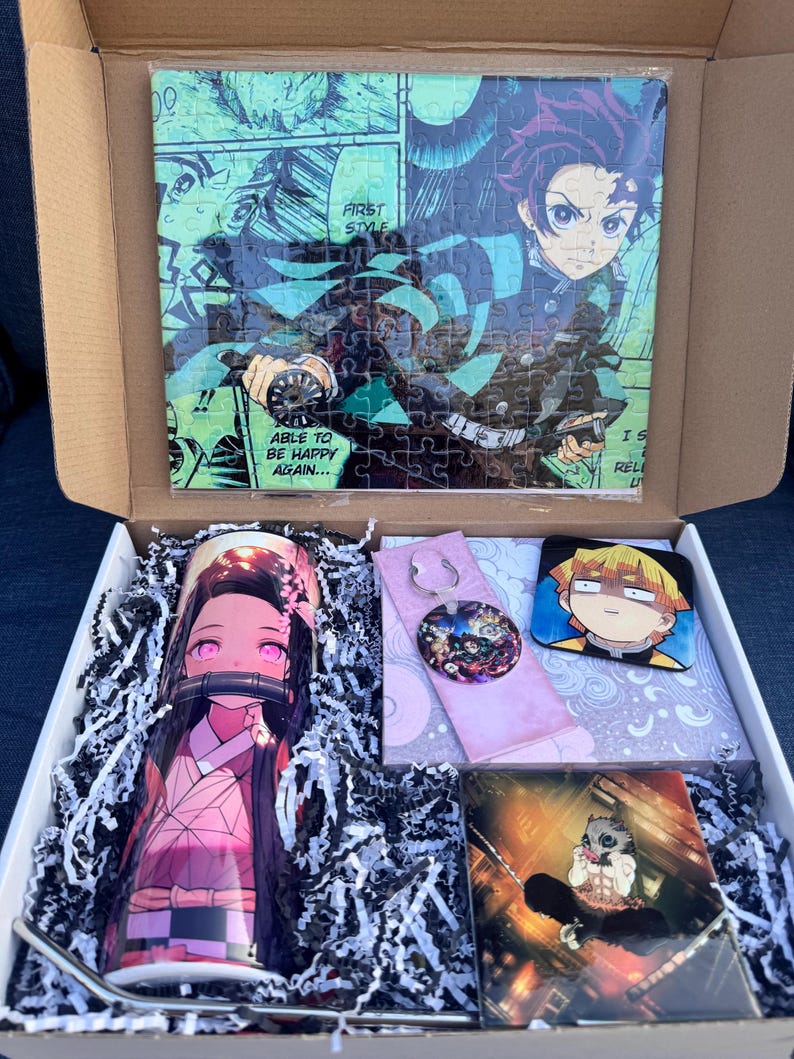 Demon Slasher Anime Gift Box – Anime Tumbler, Puzzle, Keychain, Magnet, Coaster – Anime Lover Gift for Him Her Teens Kids – Otaku Gift Set image 2