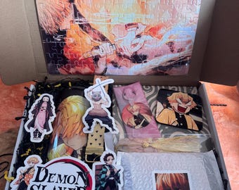 Demon Slasher Anime Gift Box – Anime Tumbler, Puzzle, Keychain, Magnet, Coaster – Anime Lover Gift for Him Her Teens Kids – Otaku Set