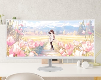 Op de afbeelding: Een witte, gebogen computermonitor met een anime-achtige illustratie van een persoon op een pad, omringd door roze bloemen. De achtergrond toont een veld, bergen en een dorp.