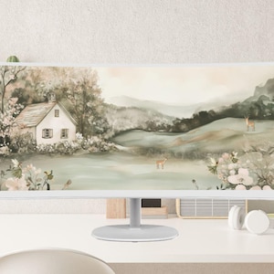 Puede incluir: Un monitor de ordenador curvo muestra una pintura de paisaje con una cabaña blanca, ciervos y colinas en tonos apagados de verde, beige y gris. El monitor blanco está sobre un escritorio blanco, creando una estética minimalista.