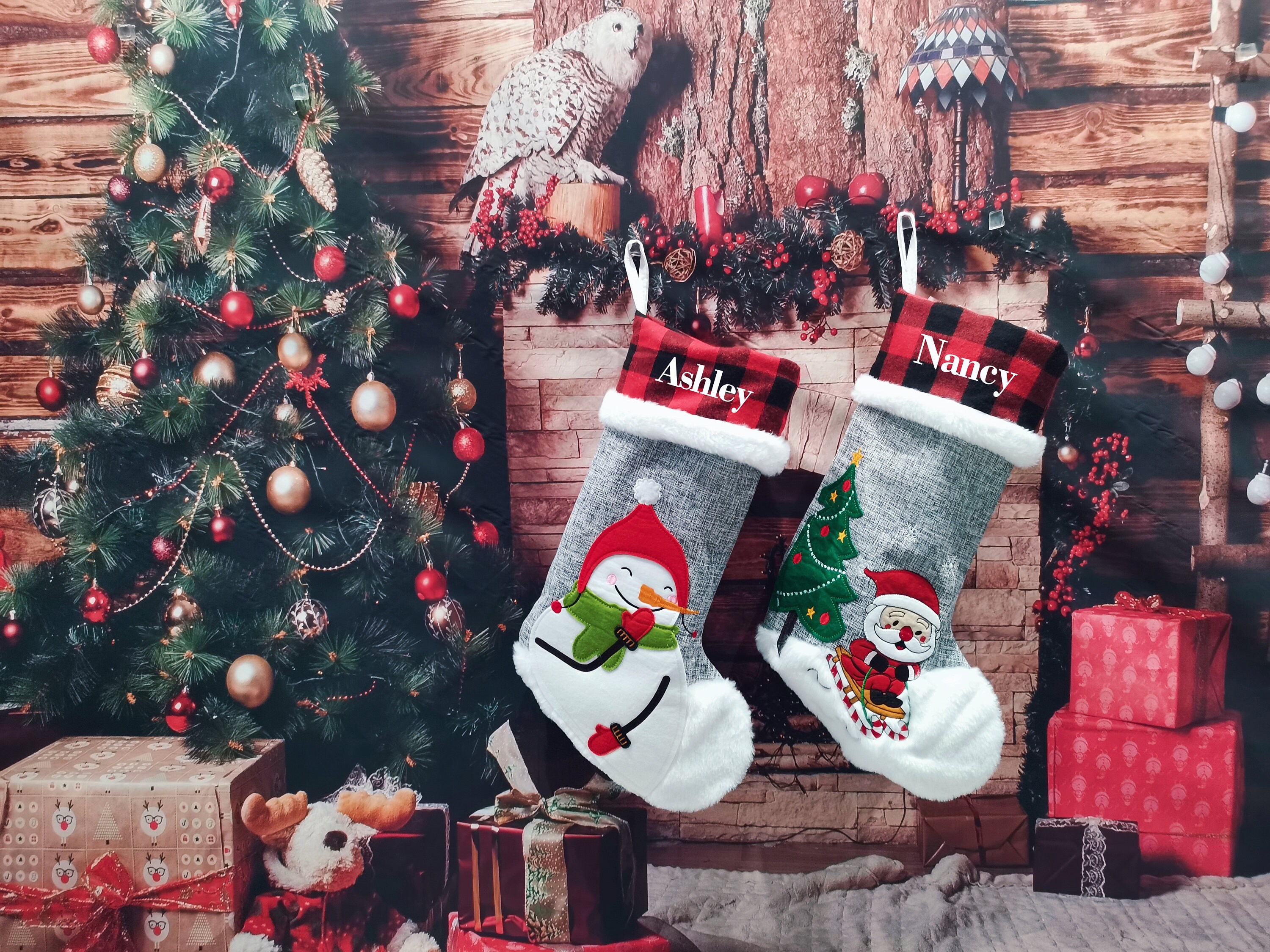 Personalized Christmas Stockings With Gray Burlap Buffalo 