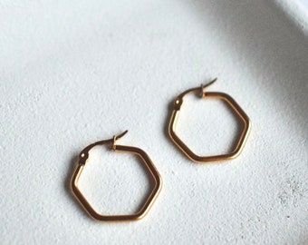 Creole hoop earrings hexagon square | Stainless steel gold