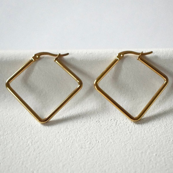 Creole Hoop Earrings Square Diamond Square - Stainless Steel Gold