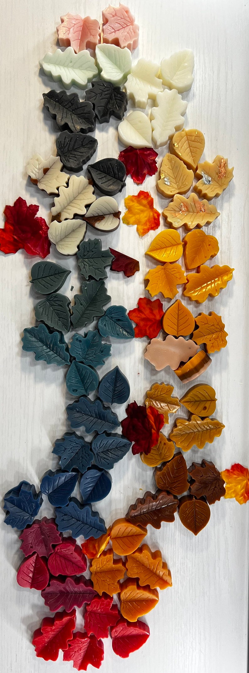 May include: Assortment of fall-themed wax melts in various colors and leaf shapes, including red, orange, yellow, green, and blue. The wax melts are arranged in a decorative pattern on a white surface.