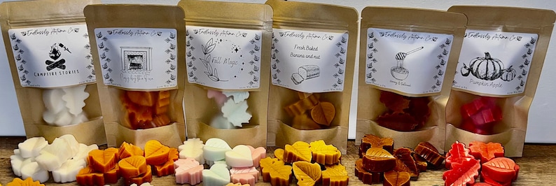 May include: Six small bags of wax melts in various fall scents. The bags are labeled with the scent names: Campfire Stories, Cozy Fireplace, Fall Magic, Fresh Baked Banana & Nut, Honey & Spice, and Pumpkin Apple. Each bag contains small wax melts shaped like leaves.