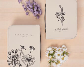 Floral PU Leather Bible Cover, Luke 12:27 Verse Protector