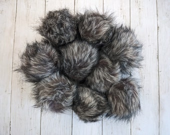 Large Gray & Black Faux Fur Pom Pom with Black Tips
