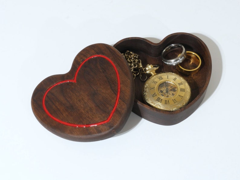 Heart Shaped Keepsake Box With Lid and Resin Heart Design Black Walnut