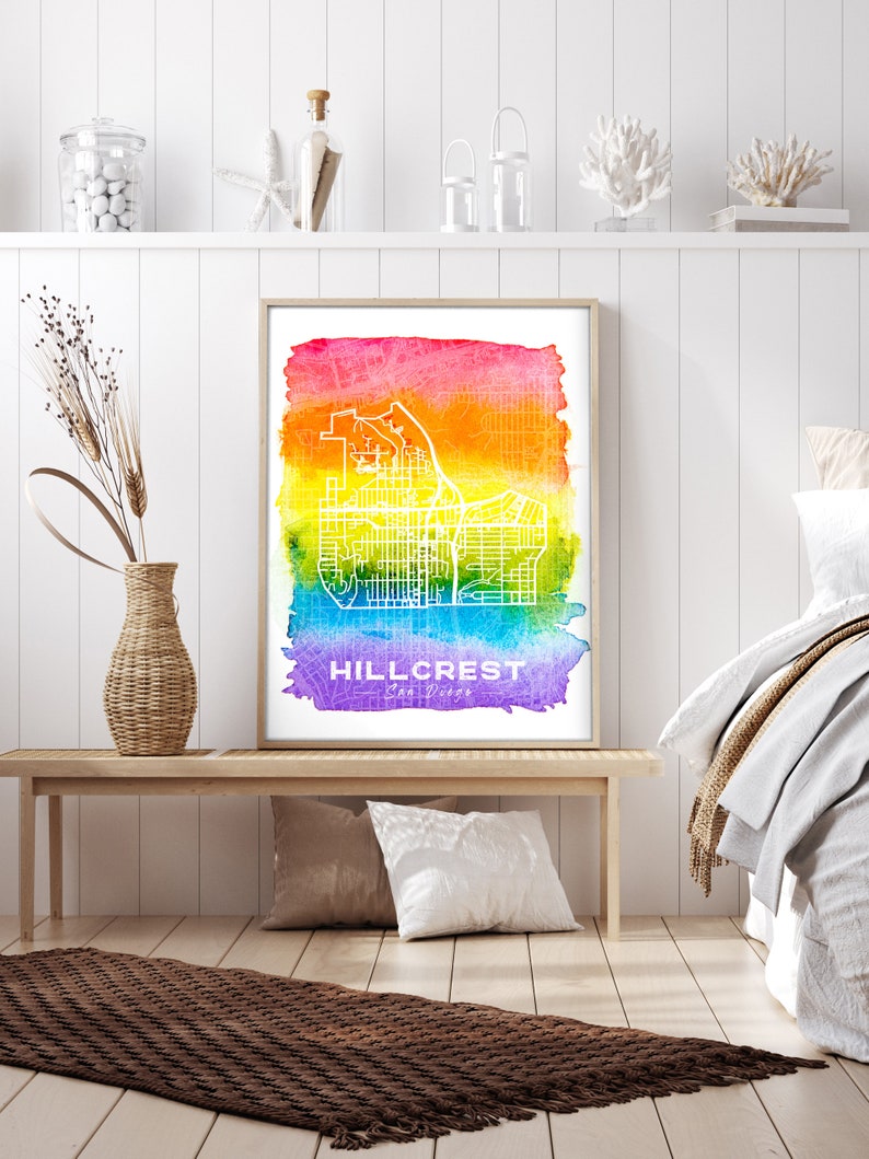 Hillcrest San Diego LGBTQ Map Poster Wall Art LGBTQ Gift Pride Flag Art