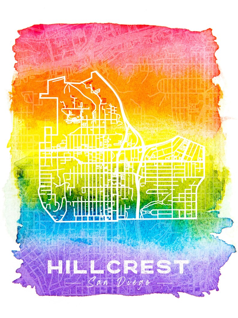 Hillcrest San Diego LGBTQ Map Poster Wall Art LGBTQ Gift Pride Flag Art