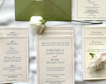 Custom Letterpress Wedding Invitation Set: Deckled Edge Handmade Paper, Luxury Invitation Stationery