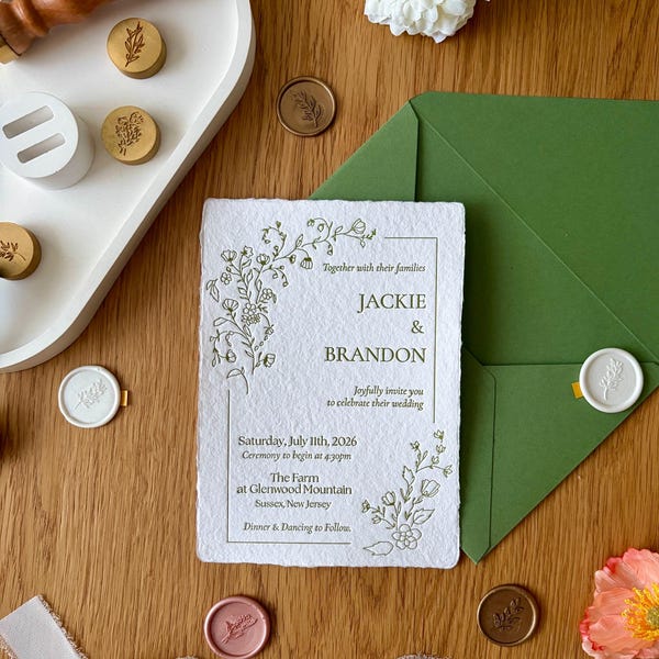 Handmade Letterpress Wedding Invitation, Custom Floral Botanical Design, Natural Paper Suite