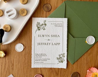 Floral Letterpress Wedding Invitation , Handmade Paper Minimalist Invitation , Modern Wedding Card Suite , Letterpress Save The Date